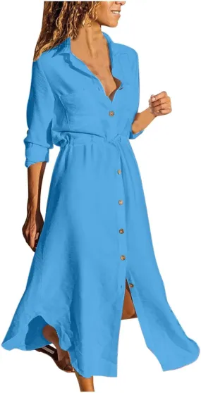 Linen Dresses for Women 2025 Casual Spring Loose Fit Lapel Shirt Dress Fashion Solid Color Button Pleated Dress