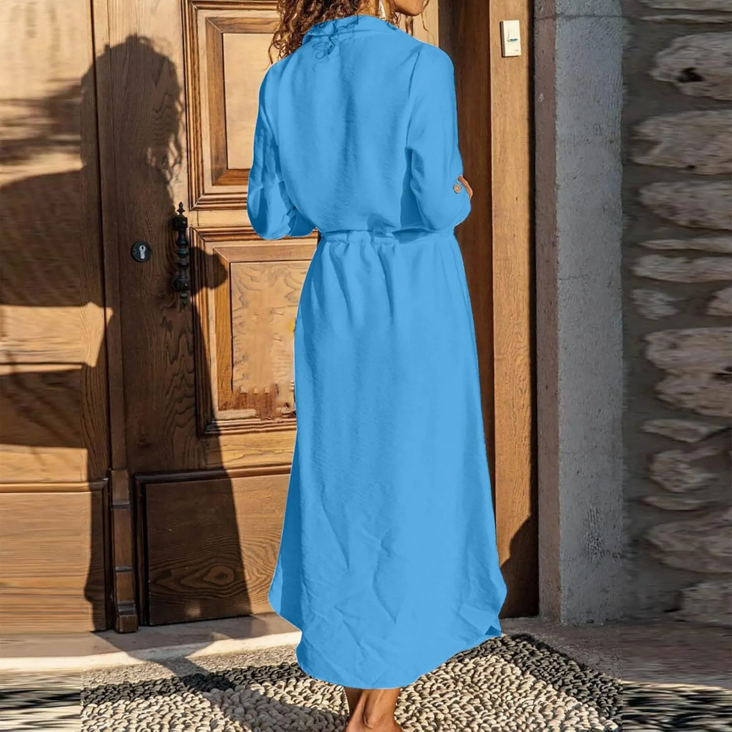 Linen Dresses for Women 2025 Casual Spring Loose Fit Lapel Shirt Dress Fashion Solid Color Button Pleated Dress