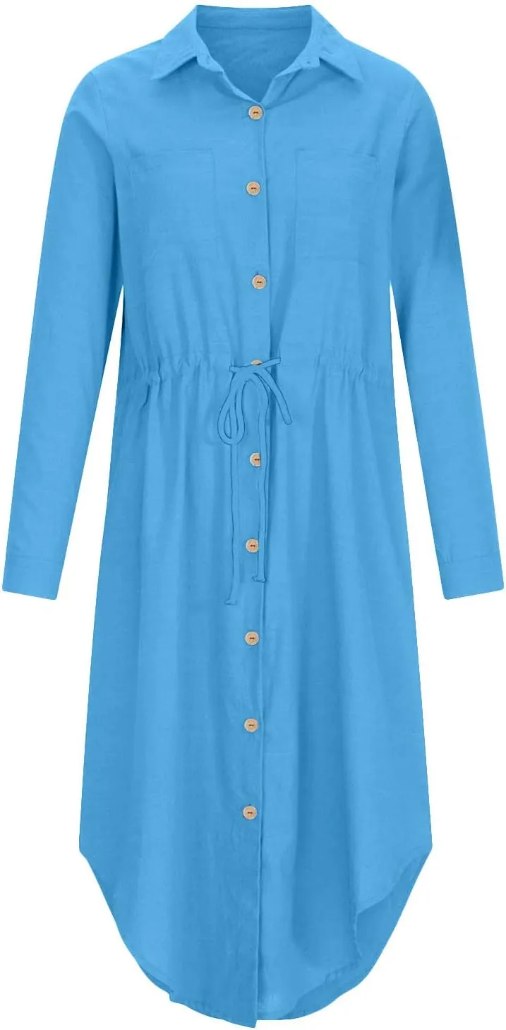 Linen Dresses for Women 2025 Casual Spring Loose Fit Lapel Shirt Dress Fashion Solid Color Button Pleated Dress