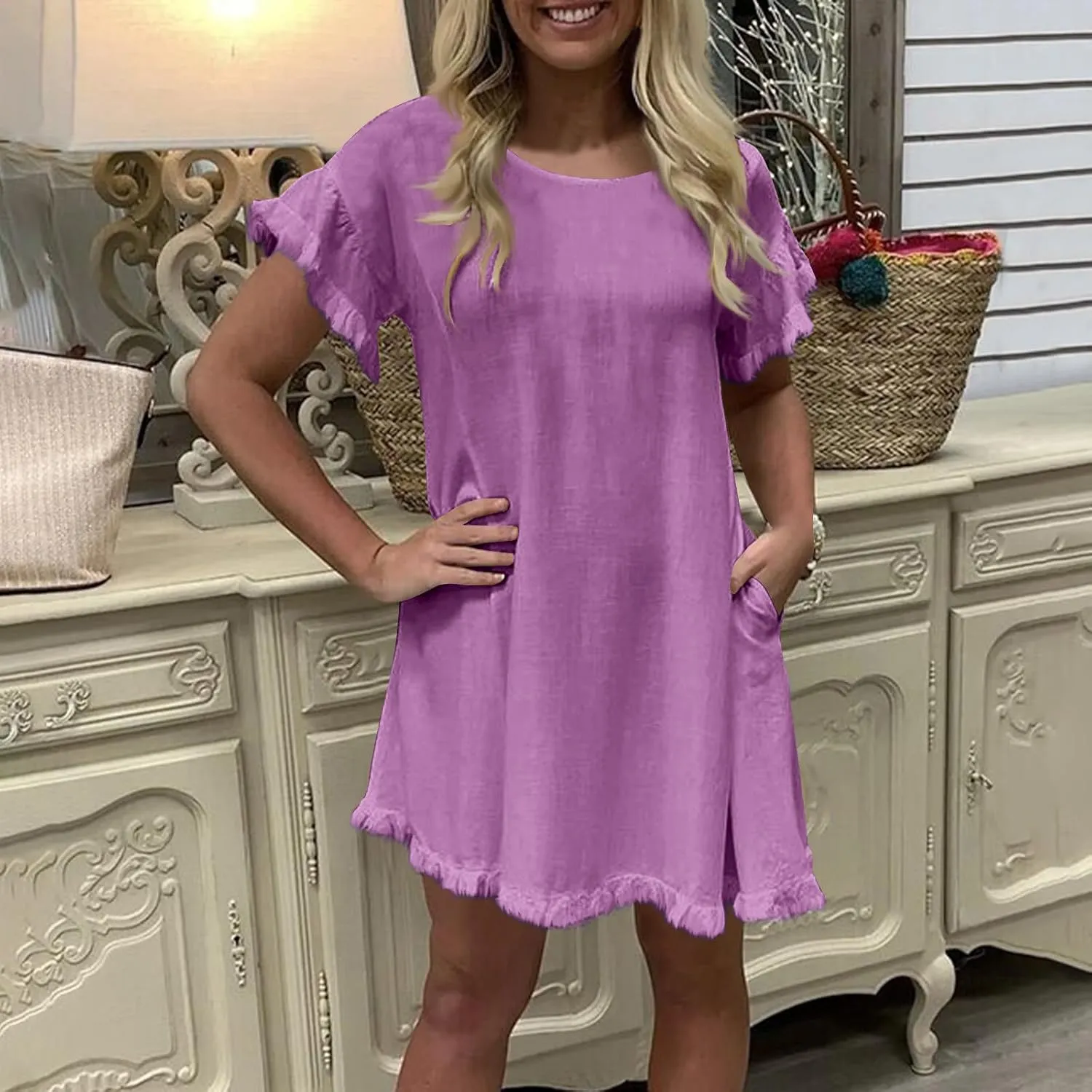 Linen Dresses for Women Summer Cotton Casual Short Sleeve Solid Color Dress Loose Round Neck Vacation Beach Sundress