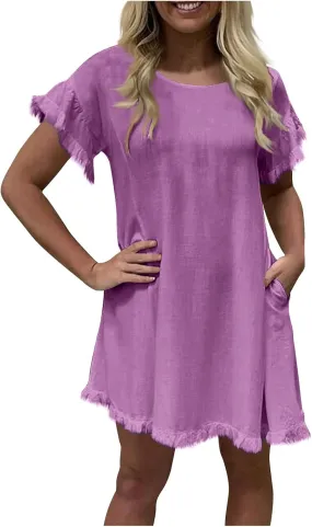 Linen Dresses for Women Summer Cotton Casual Short Sleeve Solid Color Dress Loose Round Neck Vacation Beach Sundress