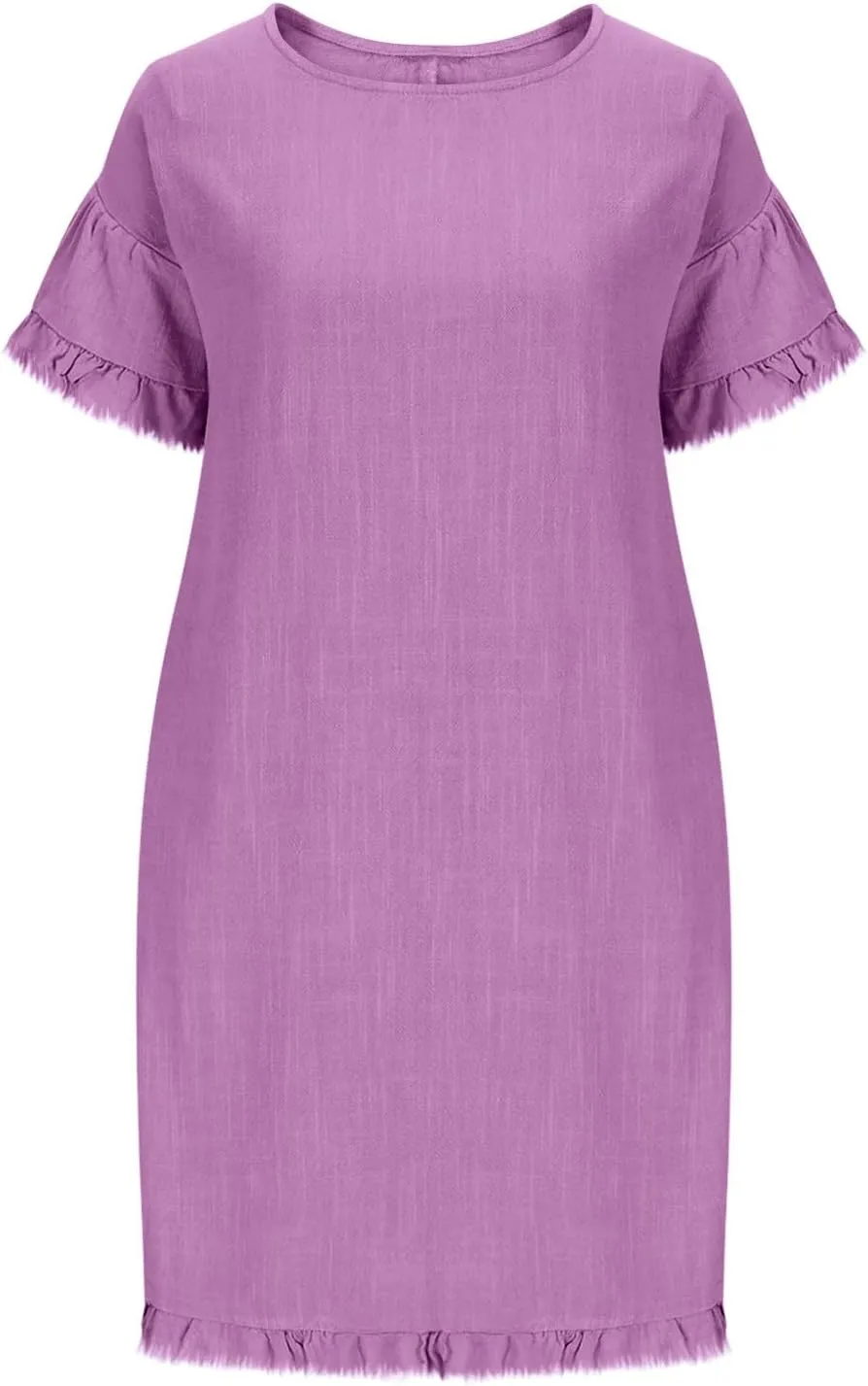 Linen Dresses for Women Summer Cotton Casual Short Sleeve Solid Color Dress Loose Round Neck Vacation Beach Sundress