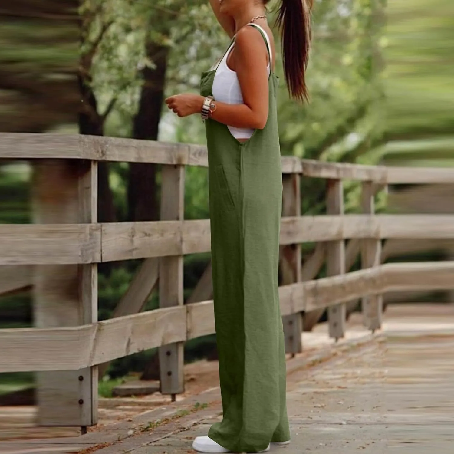 Linen Jumpsuits for Women Casual Comfy Loose Summer Boho Sleeveless Wide Leg Overalls One Piece Outfits with Pockets
