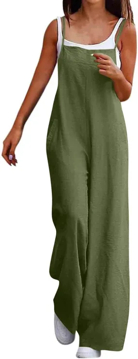 Linen Jumpsuits for Women Casual Comfy Loose Summer Boho Sleeveless Wide Leg Overalls One Piece Outfits with Pockets