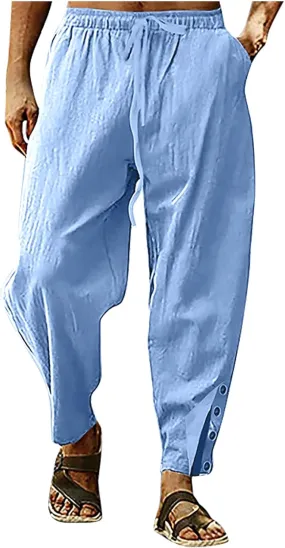 Linen Pants for Men Summer Big and Tall Beach Pants Drawstring Elastic Waist Trousers Loose Casual Tapered Pants