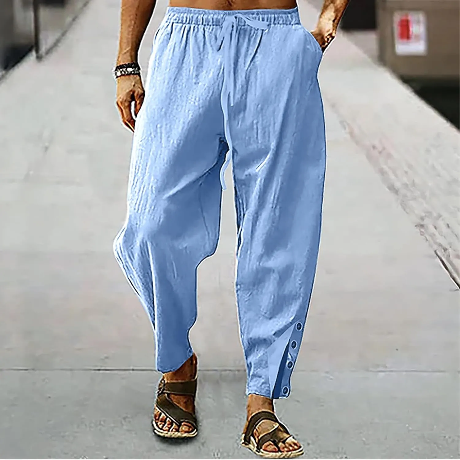 Linen Pants for Men Summer Big and Tall Beach Pants Drawstring Elastic Waist Trousers Loose Casual Tapered Pants