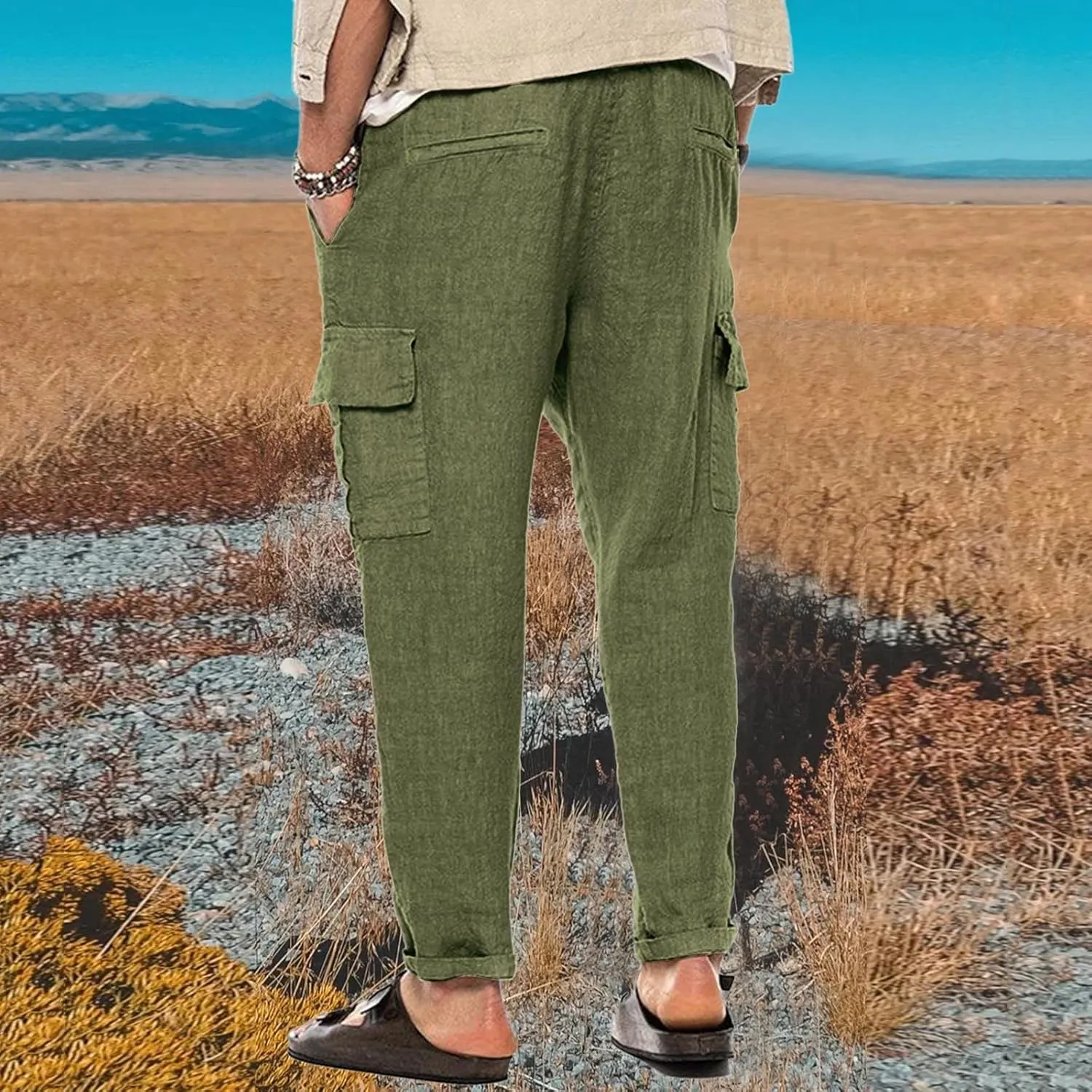 Linen Pants Men Big and Tall Cargo Pants Drawstring Tapered Pants Elastic Waist Summer Pants Slim Fit Trousers