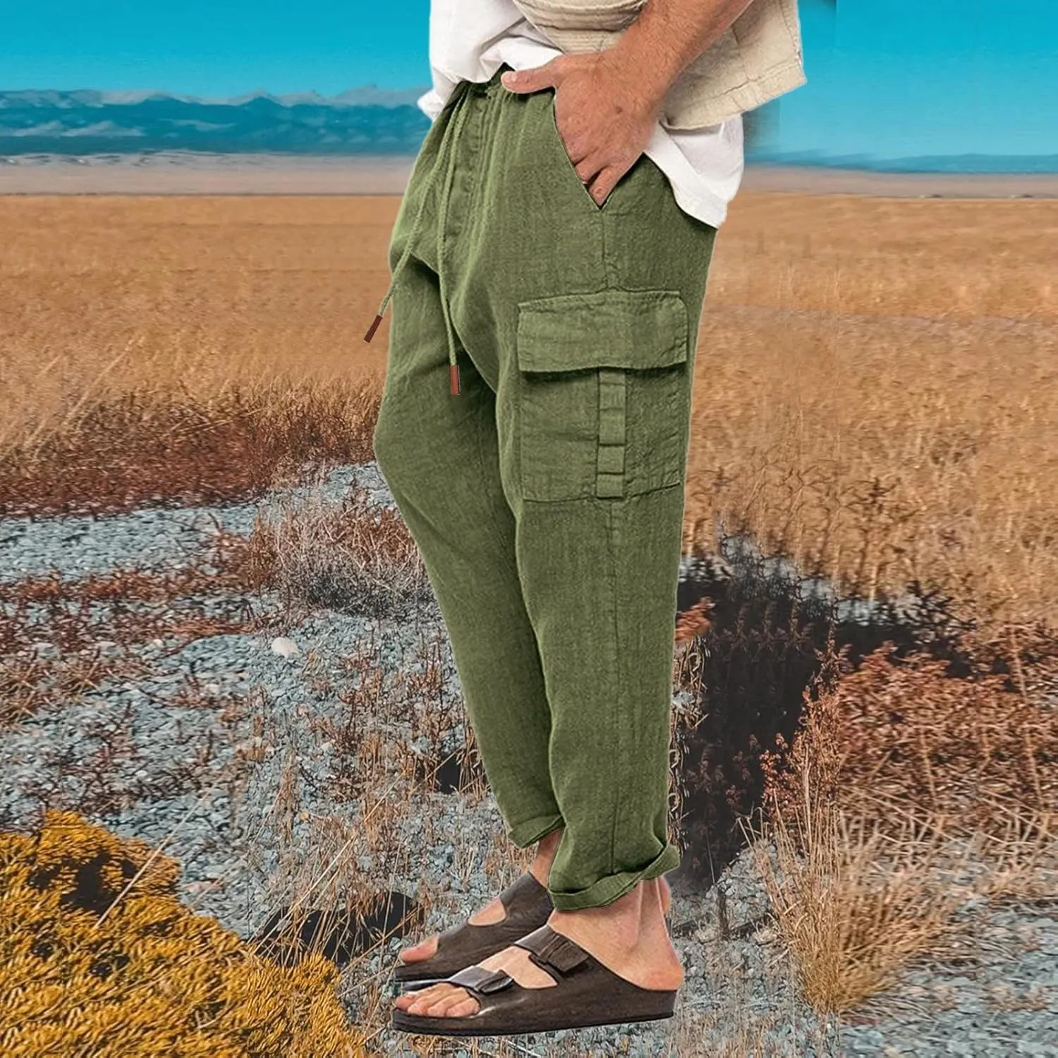 Linen Pants Men Big and Tall Cargo Pants Drawstring Tapered Pants Elastic Waist Summer Pants Slim Fit Trousers