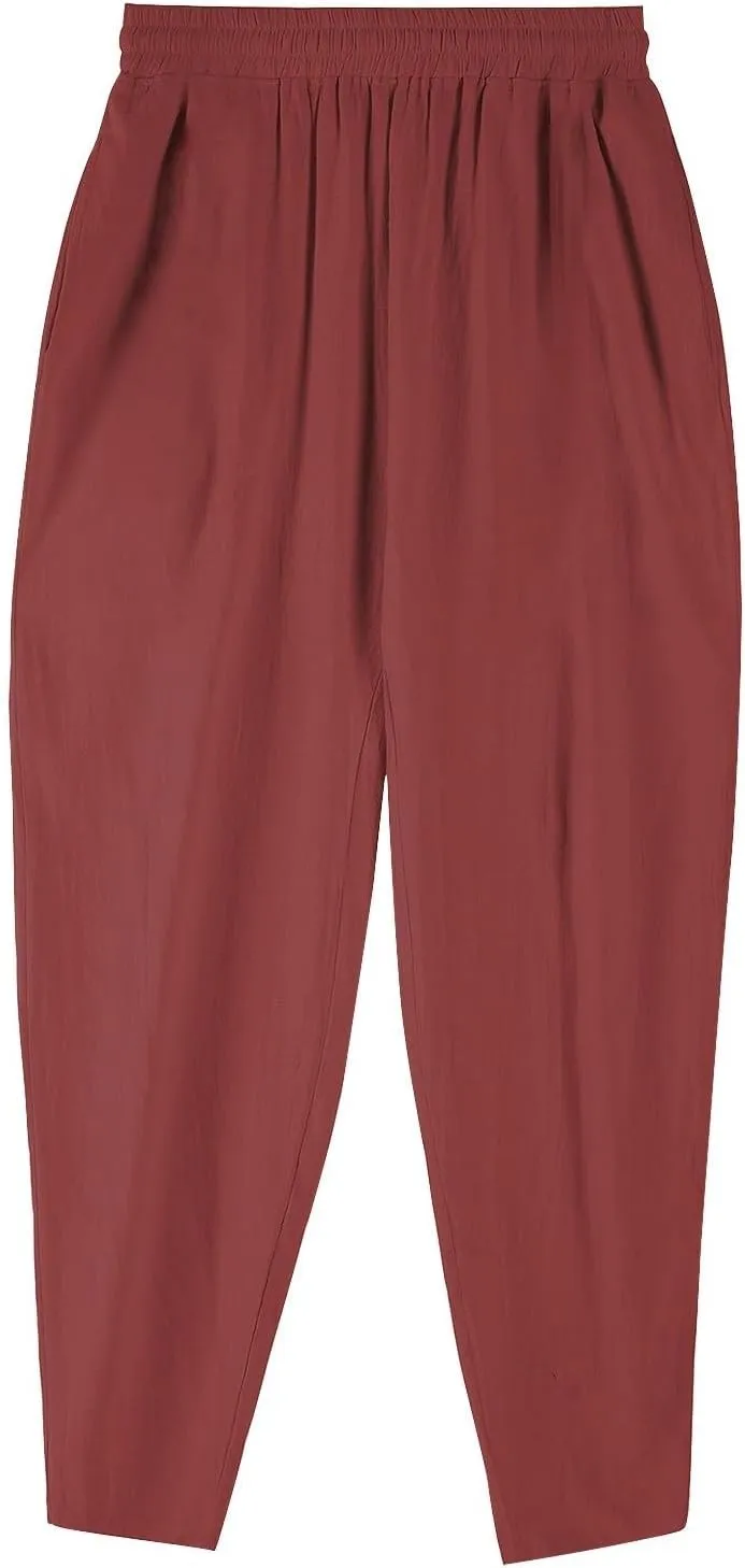 Linen Pants Men Casual Drawstring Waist Tapered Leg Pants with Pockets Summer Baggy Breathable Harem Pants