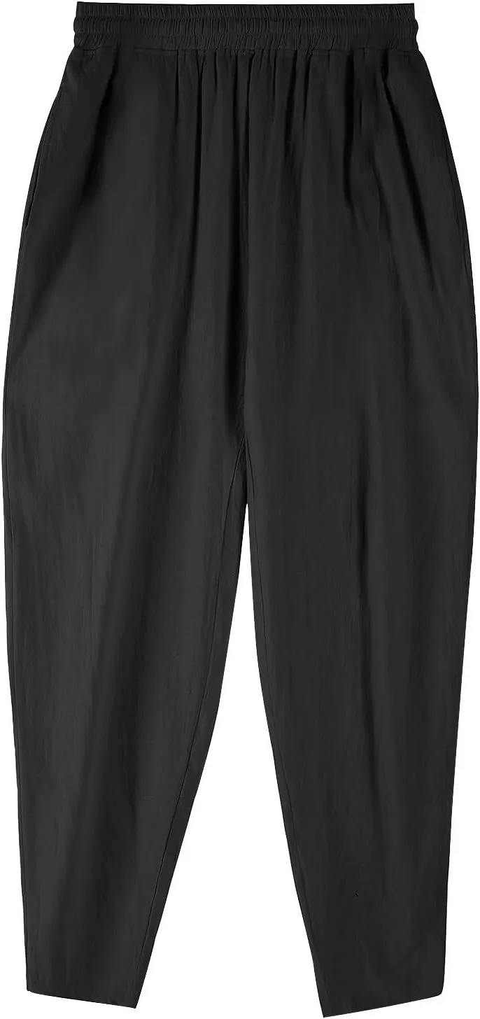 Linen Pants Men Casual Drawstring Waist Tapered Leg Pants with Pockets Summer Baggy Breathable Harem Pants