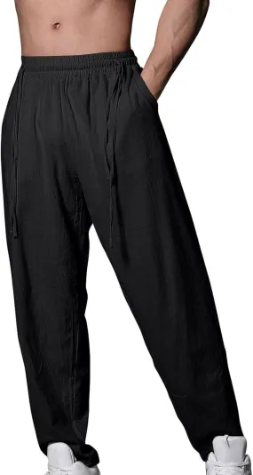 Linen Pants Men Casual Drawstring Waist Tapered Leg Pants with Pockets Summer Baggy Breathable Harem Pants