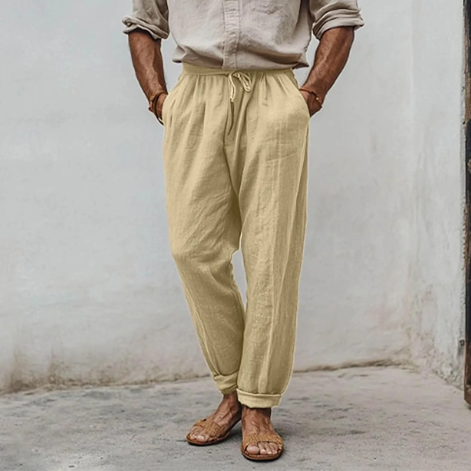 Linen Pants Men Drawstring Lightweight Beach Summer Yoga Pants Elastic Waist Slim Relaxed Fit Trousers with Pockets
