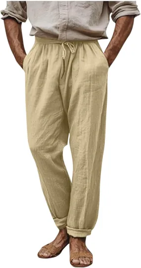Linen Pants Men Drawstring Lightweight Beach Summer Yoga Pants Elastic Waist Slim Relaxed Fit Trousers with Pockets