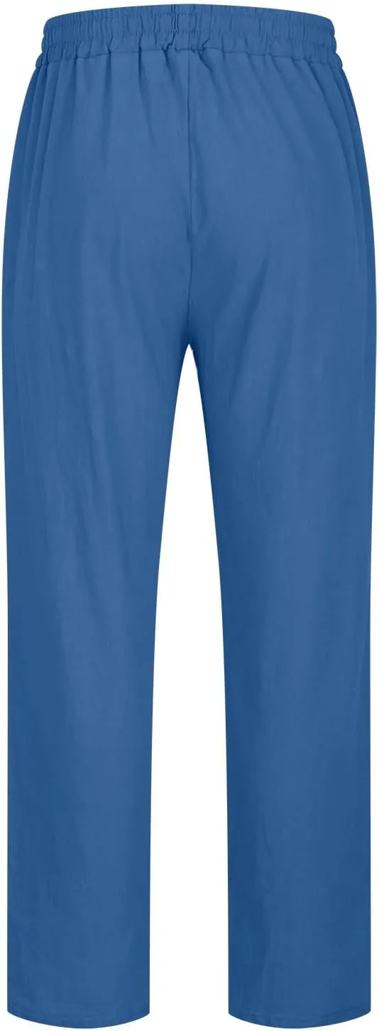 Linen Pants Men Slim Fit Drawstring Pants Elastic Waist Summer Trousers Lightweight Lounge Pants Casual Beach Pants
