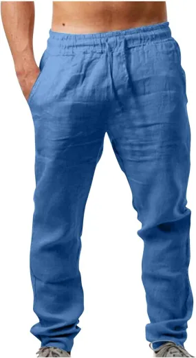 Linen Pants Men Slim Fit Drawstring Pants Elastic Waist Summer Trousers Lightweight Lounge Pants Casual Beach Pants