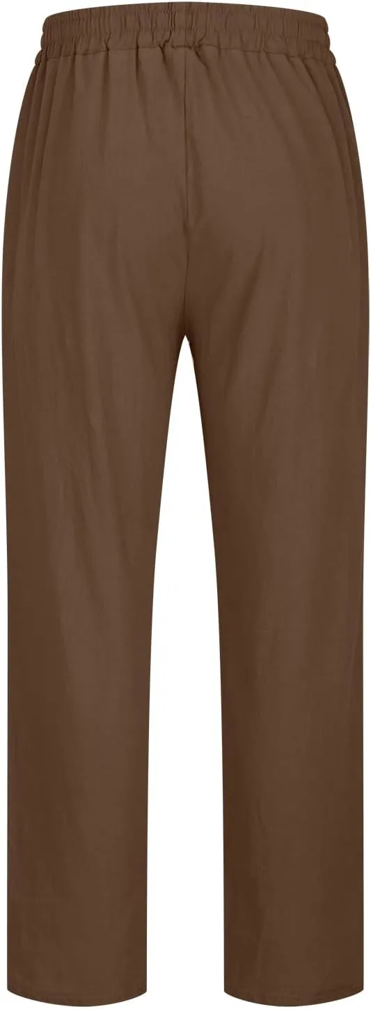 Linen Pants Men Slim Fit Drawstring Pants Elastic Waist Summer Trousers Lightweight Lounge Pants Casual Beach Pants