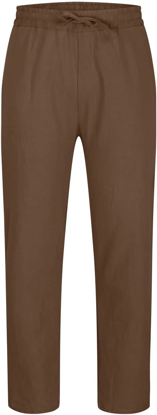 Linen Pants Men Slim Fit Drawstring Pants Elastic Waist Summer Trousers Lightweight Lounge Pants Casual Beach Pants