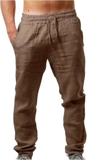 Linen Pants Men Slim Fit Drawstring Pants Elastic Waist Summer Trousers Lightweight Lounge Pants Casual Beach Pants