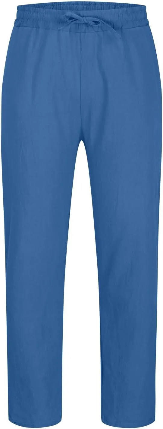 Linen Pants Men Slim Fit Drawstring Pants Elastic Waist Summer Trousers Lightweight Lounge Pants Casual Beach Pants