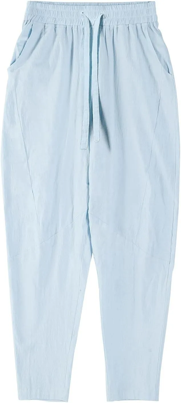 Linen Pants Men Summer Lightweight Drawstring Waist Tapered Leg Pants Casual Breathable Linen Trousers with Pockets