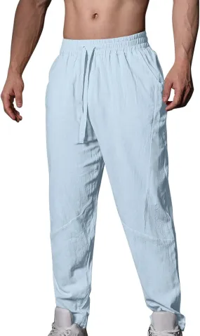 Linen Pants Men Summer Lightweight Drawstring Waist Tapered Leg Pants Casual Breathable Linen Trousers with Pockets