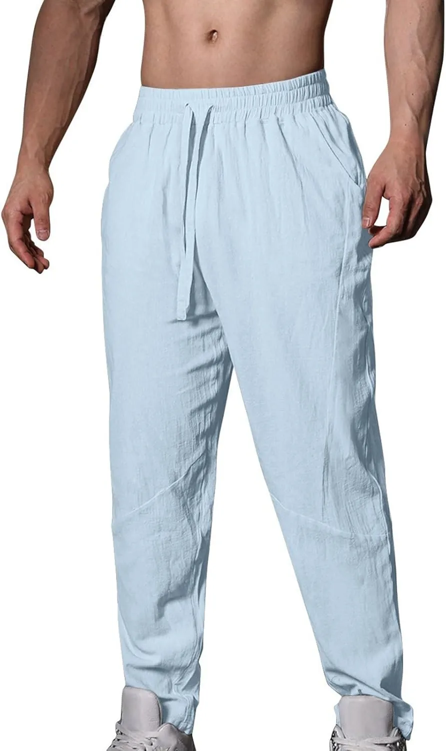 Linen Pants Men Summer Lightweight Drawstring Waist Tapered Leg Pants Casual Breathable Linen Trousers with Pockets