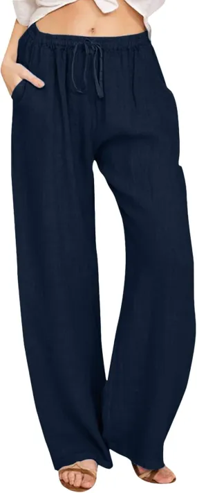 Linen Pants Women High Waist Wide Leg Pants Summer Cotton Linen Pants Casual Beach Trousers with Pockets
