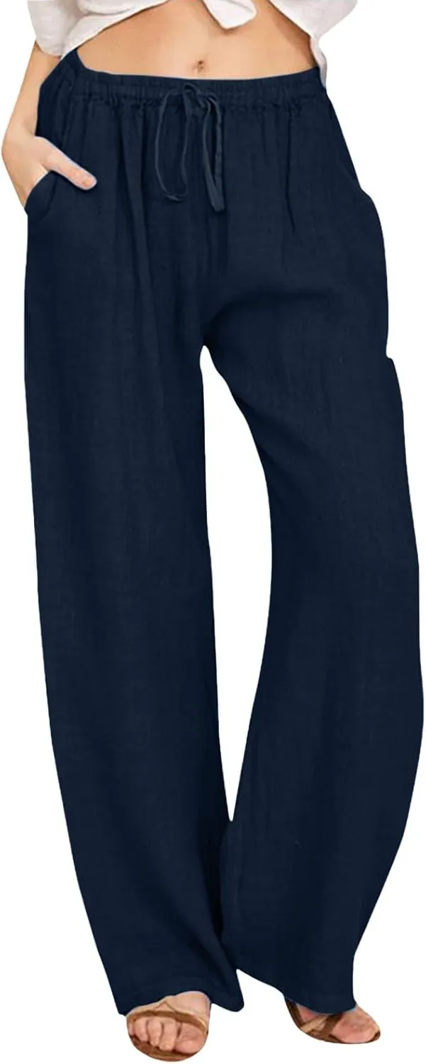Linen Pants Women High Waist Wide Leg Pants Summer Cotton Linen Pants Casual Beach Trousers with Pockets