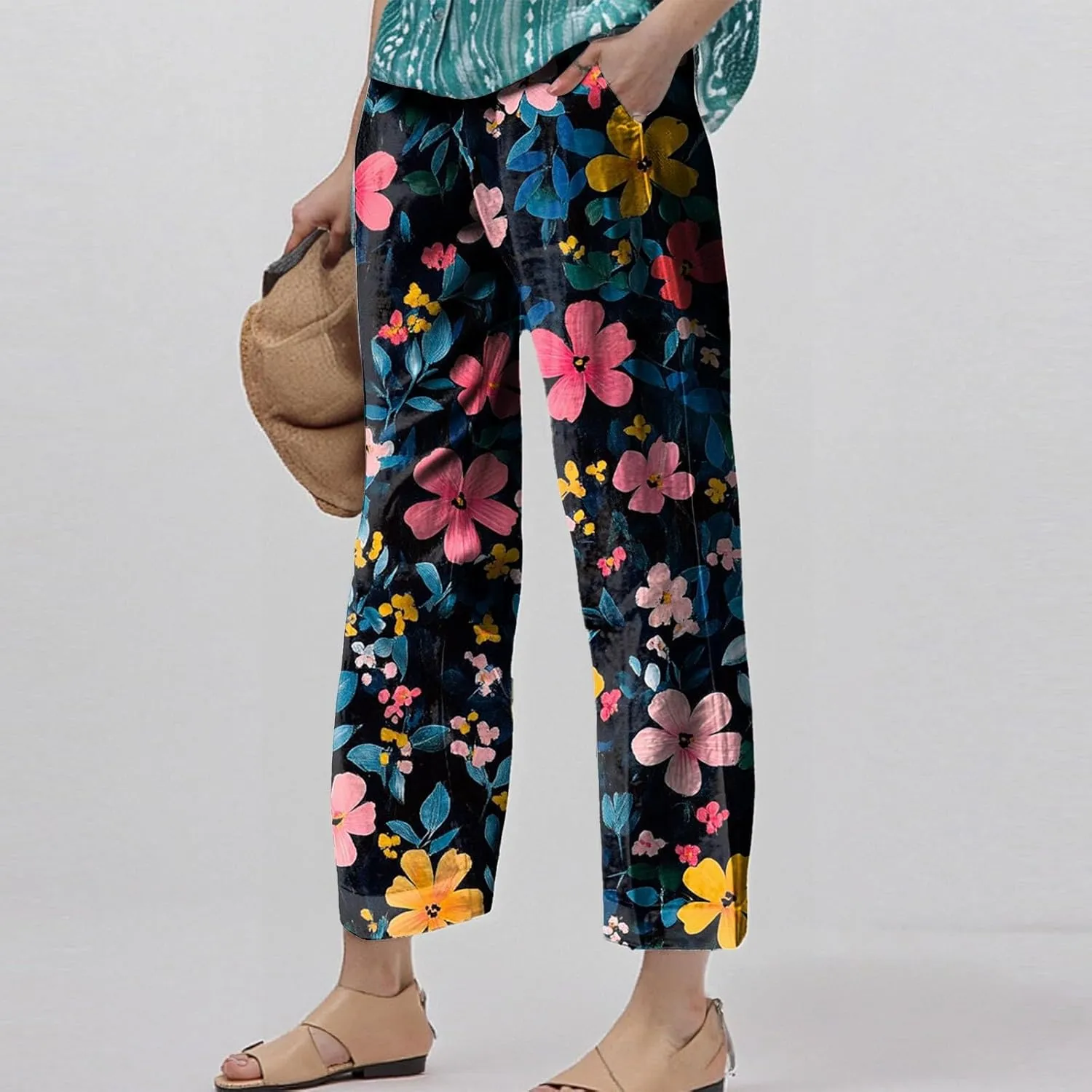 Linen Pants Women Summer Boho Elastic Waist Wide Leg Pants Comfy High Waist Straight Floral Print Outfits with Pockets