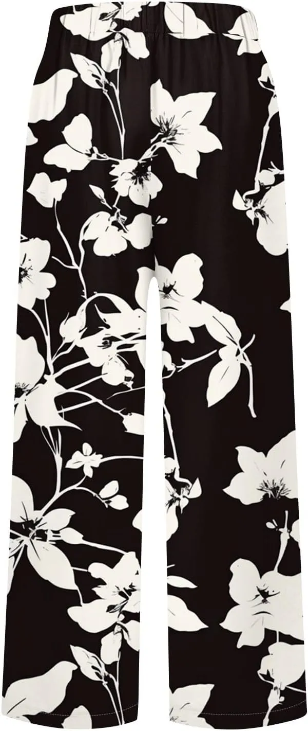 Linen Pants Women Summer Boho Elastic Waist Wide Leg Pants Comfy High Waist Straight Floral Print Outfits with Pockets