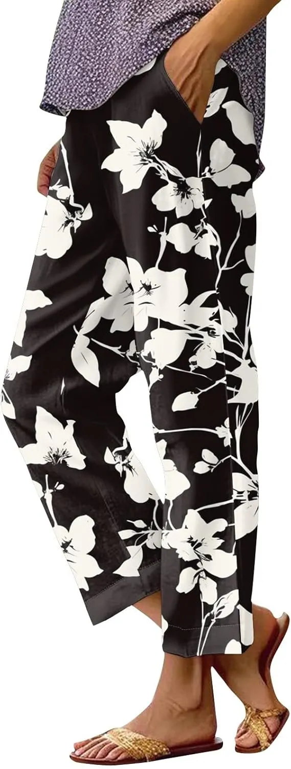Linen Pants Women Summer Boho Elastic Waist Wide Leg Pants Comfy High Waist Straight Floral Print Outfits with Pockets