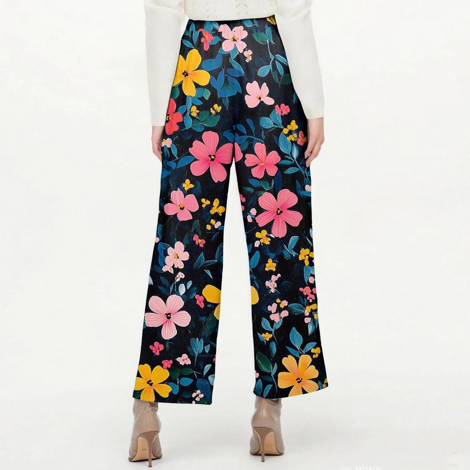 Linen Pants Women Summer Boho Elastic Waist Wide Leg Pants Comfy High Waist Straight Floral Print Outfits with Pockets