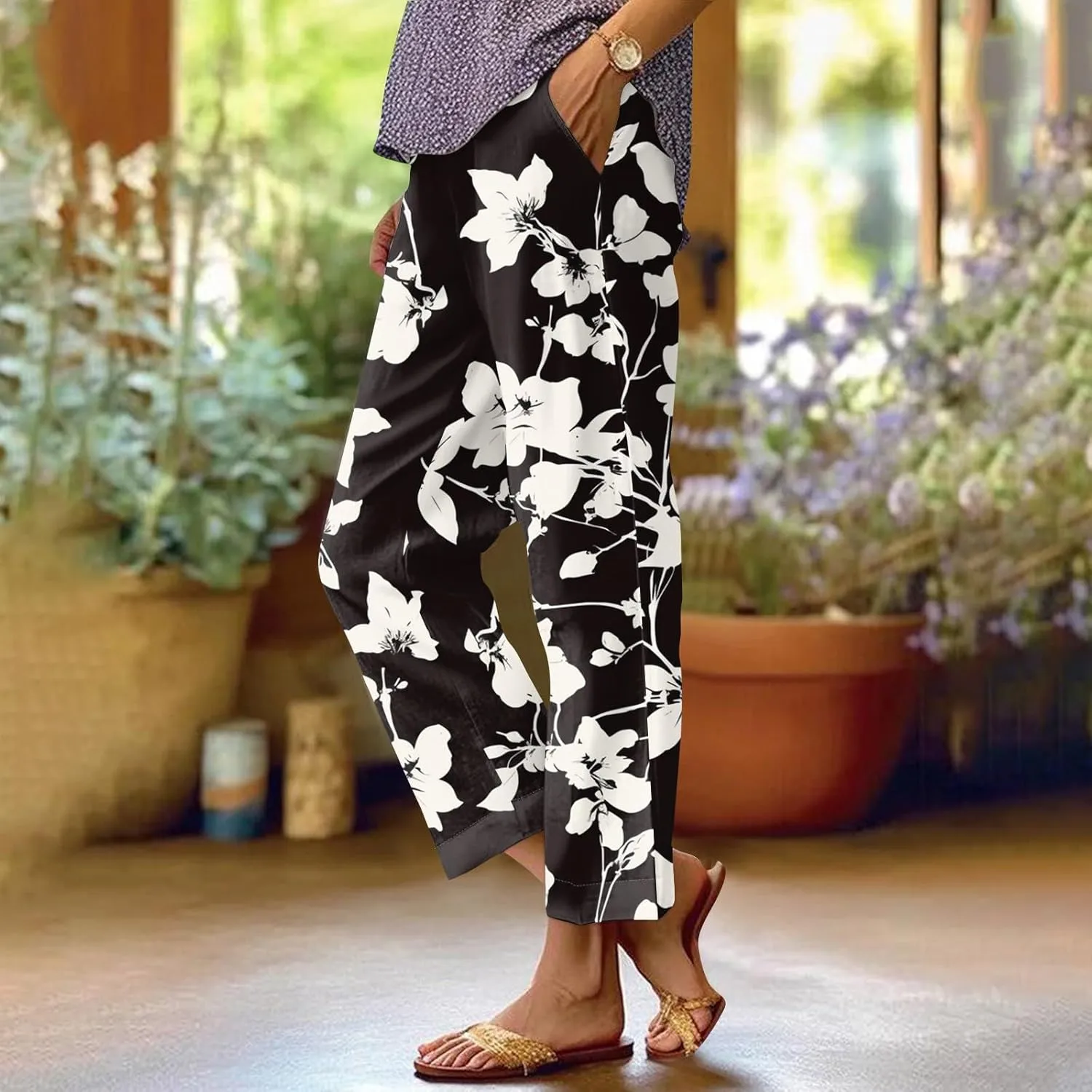 Linen Pants Women Summer Boho Elastic Waist Wide Leg Pants Comfy High Waist Straight Floral Print Outfits with Pockets