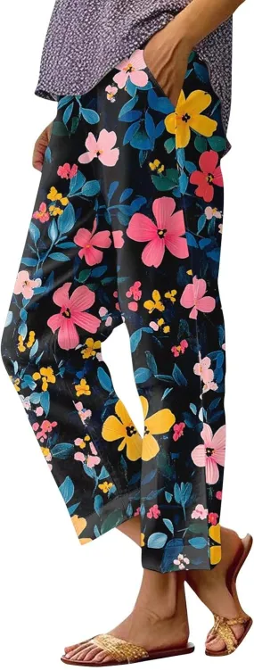 Linen Pants Women Summer Boho Elastic Waist Wide Leg Pants Comfy High Waist Straight Floral Print Outfits with Pockets