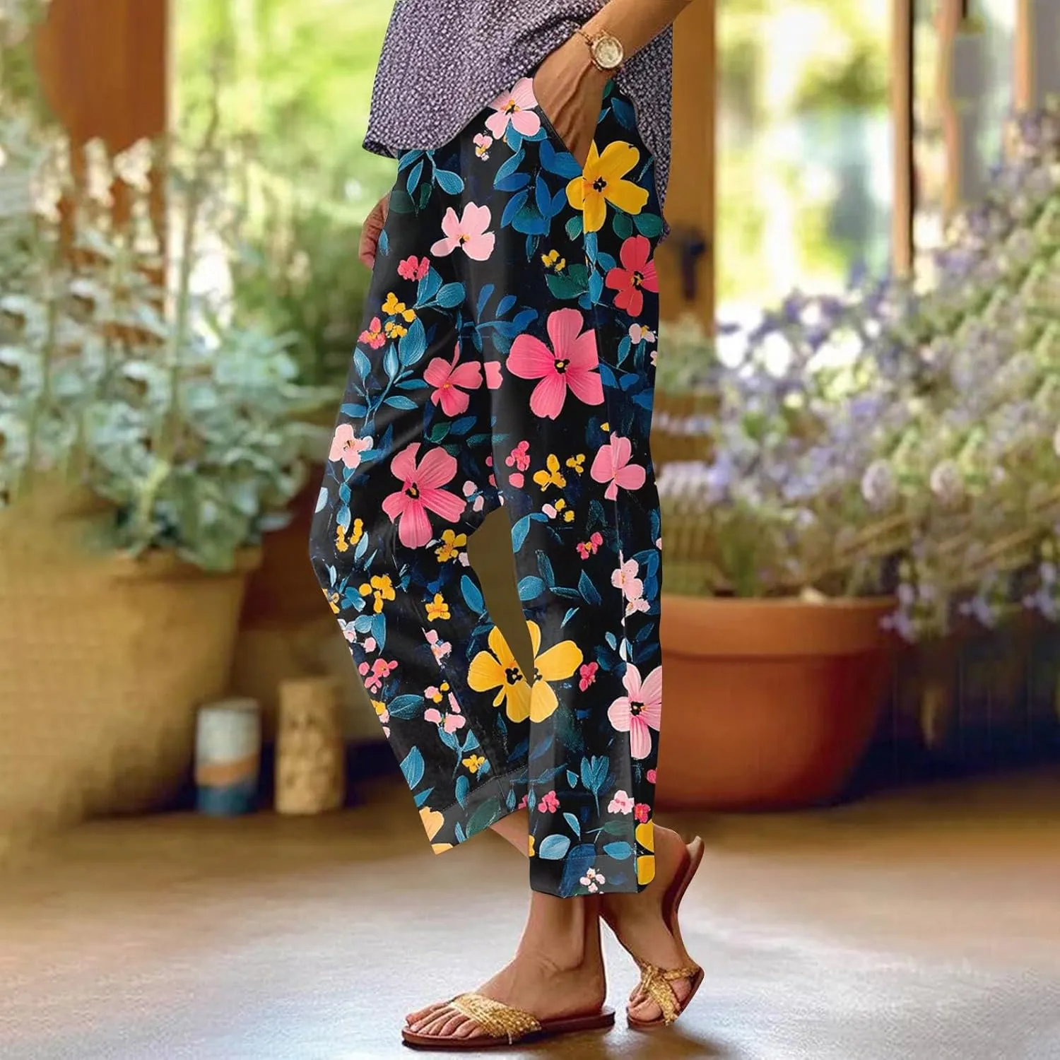 Linen Pants Women Summer Boho Elastic Waist Wide Leg Pants Comfy High Waist Straight Floral Print Outfits with Pockets