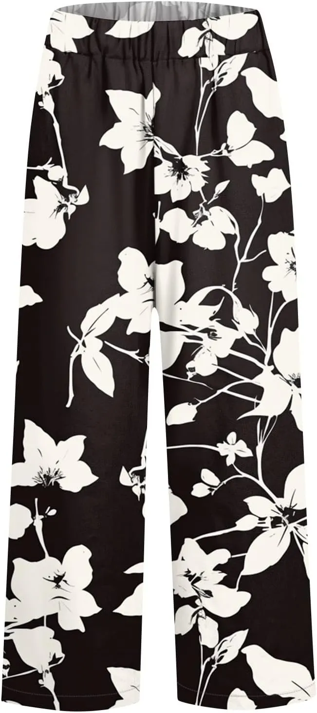 Linen Pants Women Summer Boho Elastic Waist Wide Leg Pants Comfy High Waist Straight Floral Print Outfits with Pockets