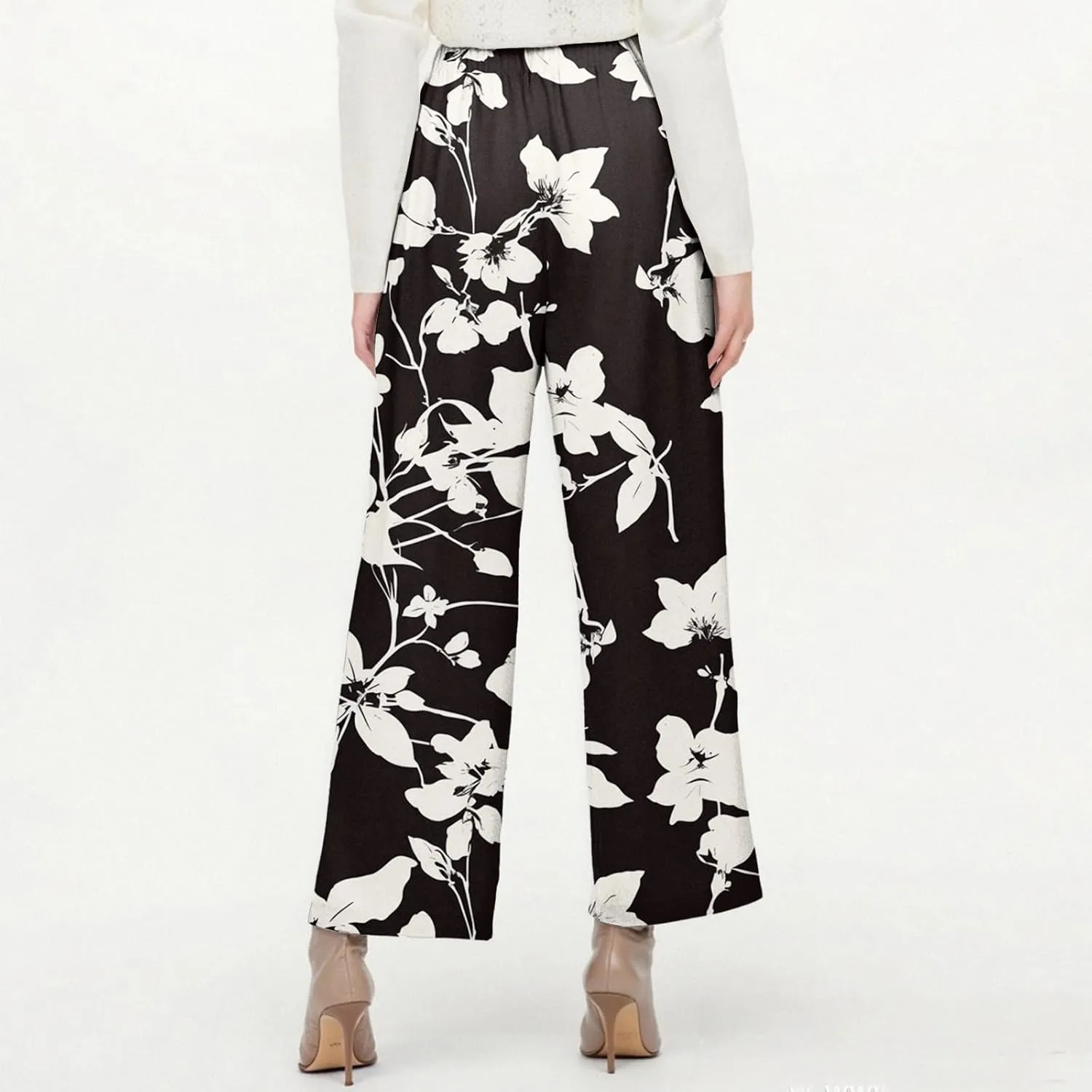 Linen Pants Women Summer Boho Elastic Waist Wide Leg Pants Comfy High Waist Straight Floral Print Outfits with Pockets