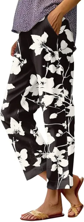 Linen Pants Women Summer Boho Elastic Waist Wide Leg Pants Comfy High Waist Straight Floral Print Outfits with Pockets