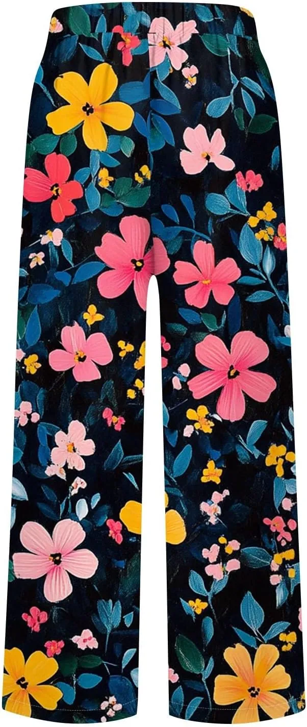 Linen Pants Women Summer Boho Elastic Waist Wide Leg Pants Comfy High Waist Straight Floral Print Outfits with Pockets