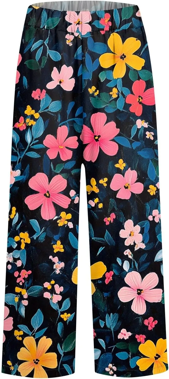 Linen Pants Women Summer Boho Elastic Waist Wide Leg Pants Comfy High Waist Straight Floral Print Outfits with Pockets