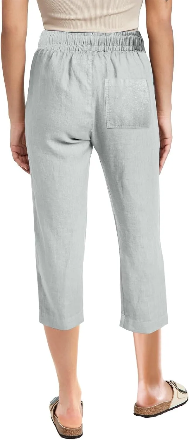 Linen Pants Women Summer Capri Pants Button Up Straight Leg Cropped Pants Elastic Waist Casual Pants Trousers Palazzo
