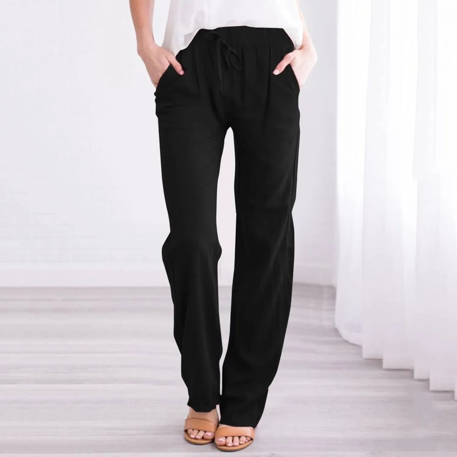Linen Pants Women Summer Capris Casual High Waisted Drawstring Carpi Pants Loose Comfy Cropped Trousers Linen Pants