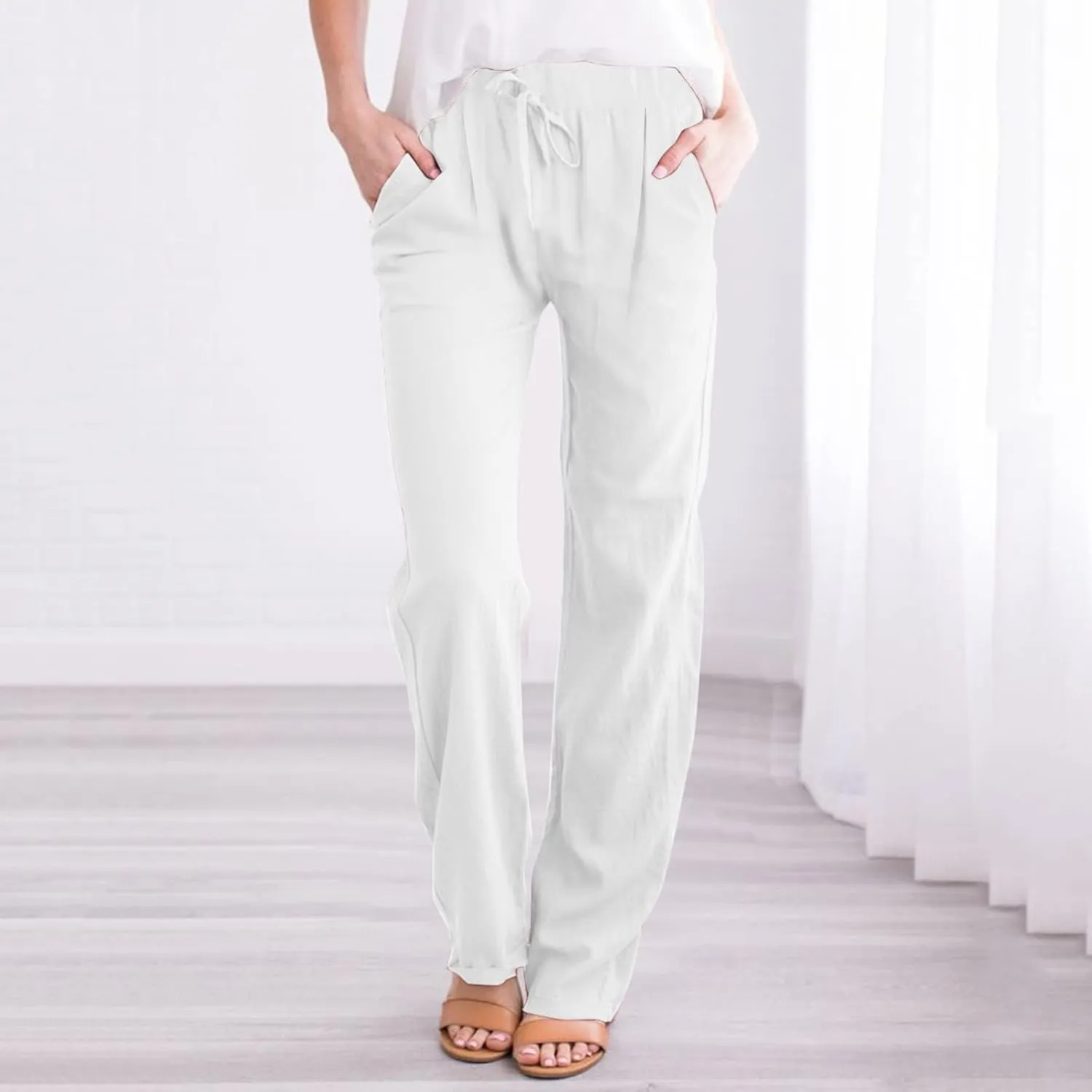 Linen Pants Women Summer Capris Casual High Waisted Drawstring Carpi Pants Loose Comfy Cropped Trousers Linen Pants
