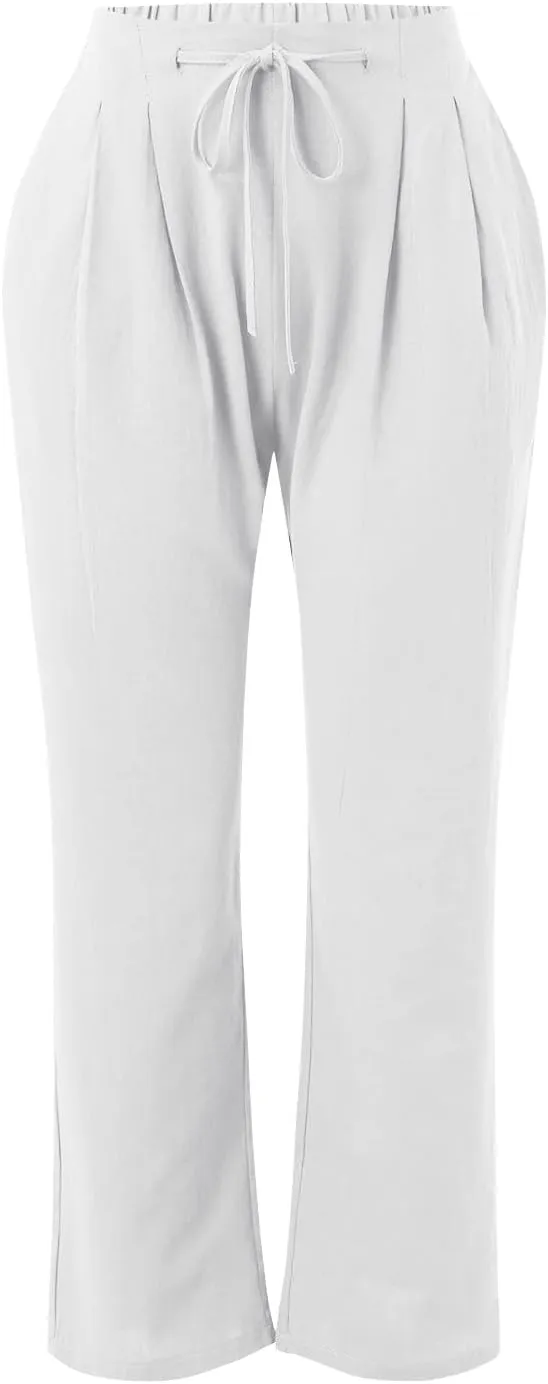 Linen Pants Women Summer Capris Casual High Waisted Drawstring Carpi Pants Loose Comfy Cropped Trousers Linen Pants
