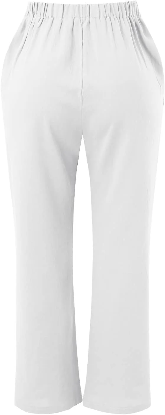 Linen Pants Women Summer Capris Casual High Waisted Drawstring Carpi Pants Loose Comfy Cropped Trousers Linen Pants