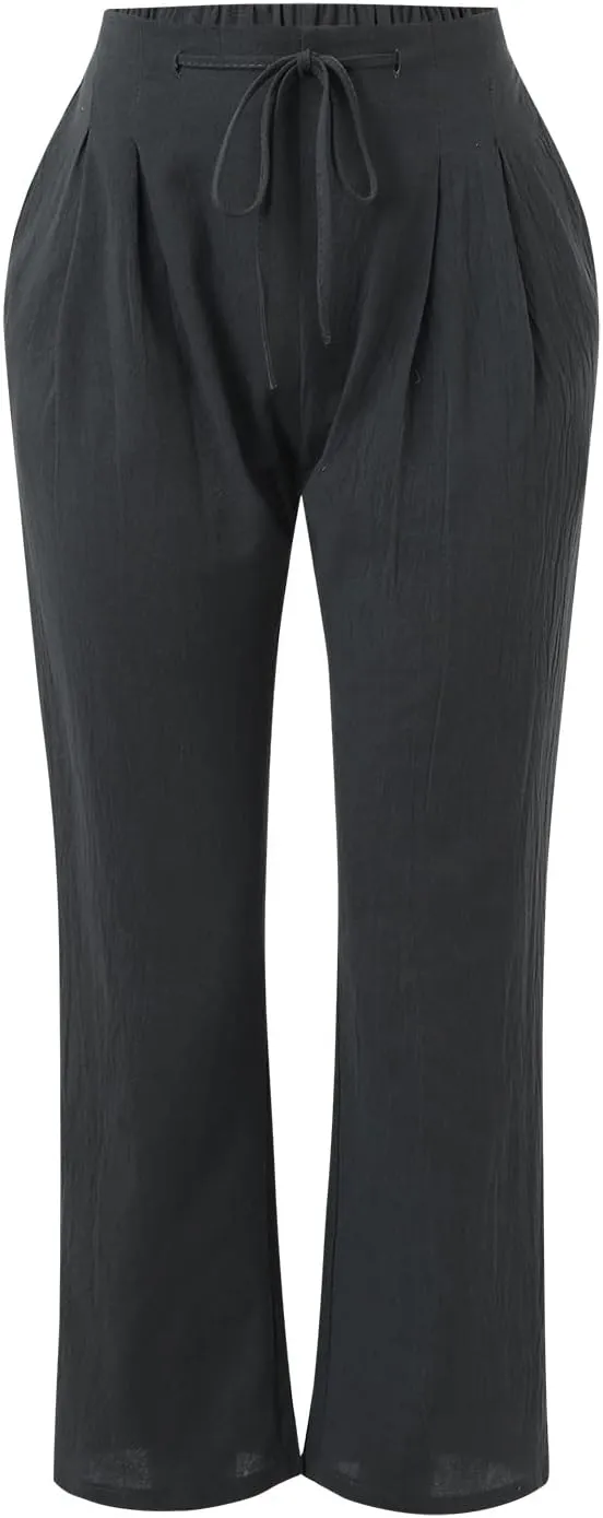 Linen Pants Women Summer Capris Casual High Waisted Drawstring Carpi Pants Loose Comfy Cropped Trousers Linen Pants