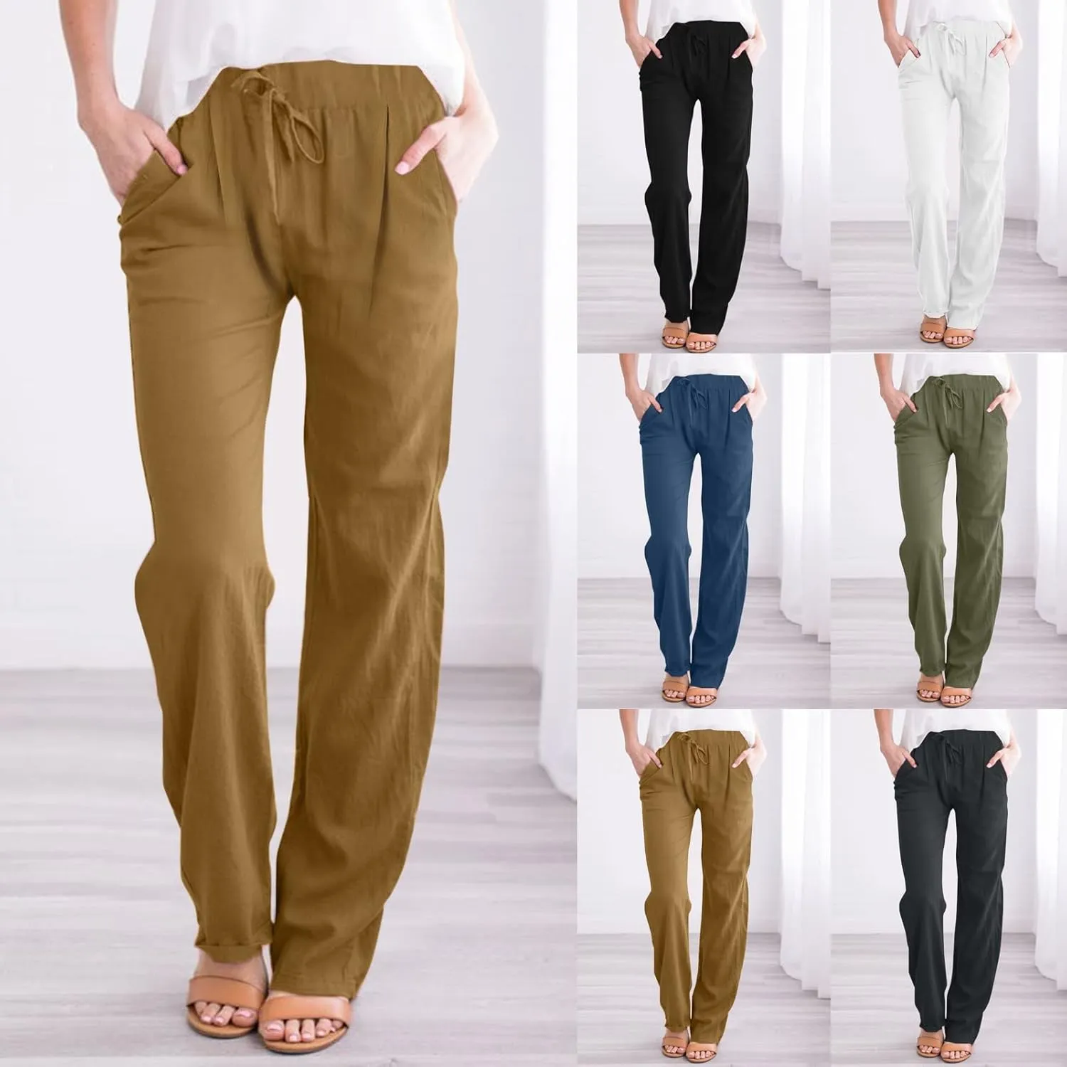 Linen Pants Women Summer Capris Casual High Waisted Drawstring Carpi Pants Loose Comfy Cropped Trousers Linen Pants