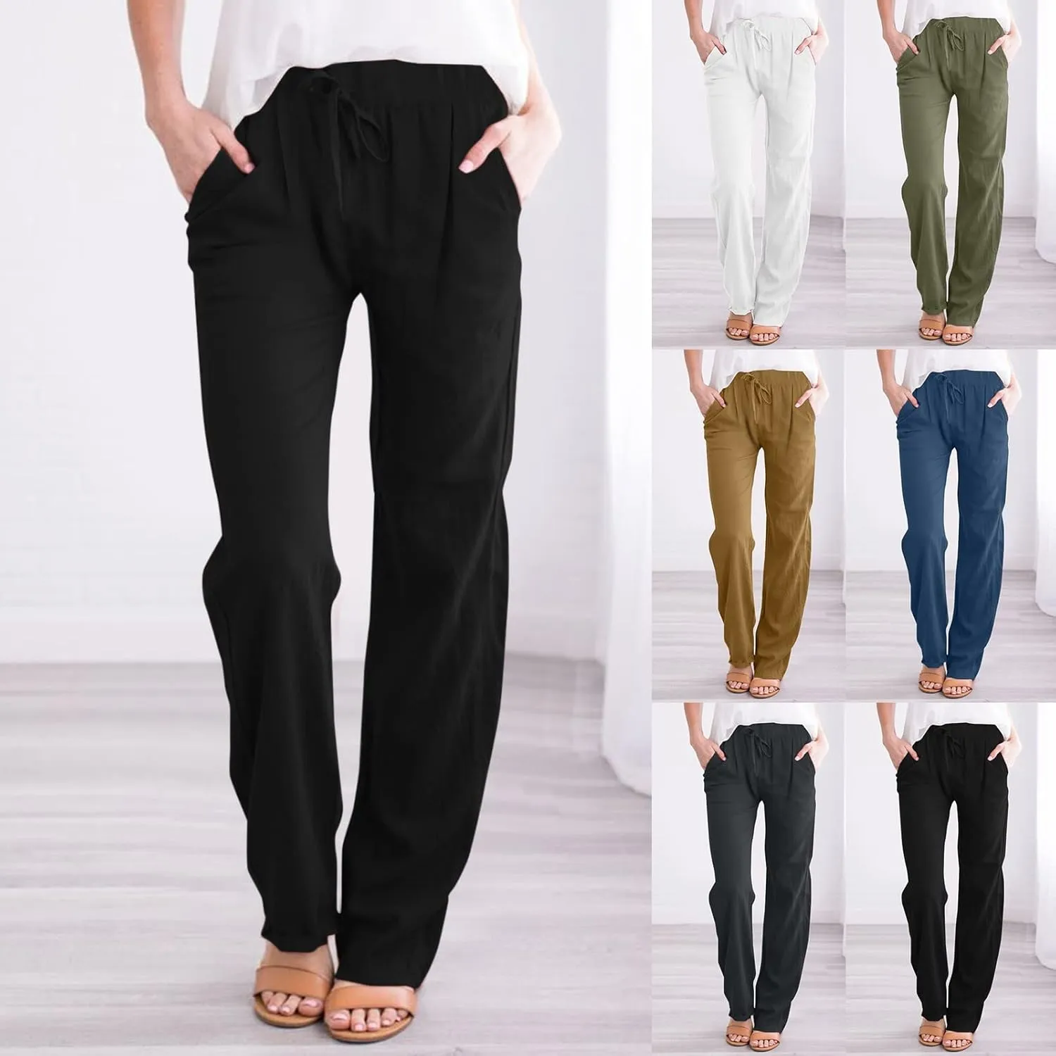 Linen Pants Women Summer Capris Casual High Waisted Drawstring Carpi Pants Loose Comfy Cropped Trousers Linen Pants