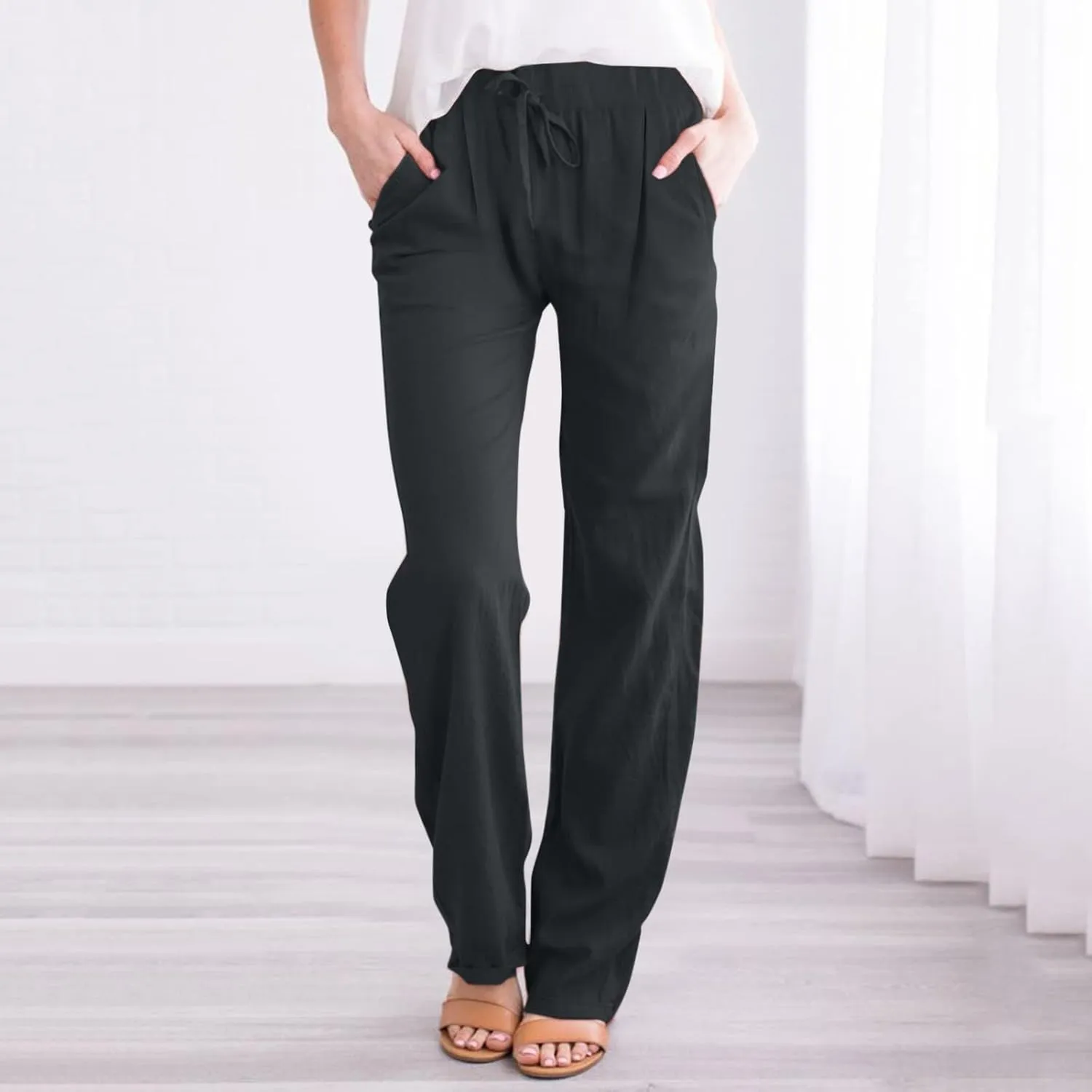 Linen Pants Women Summer Capris Casual High Waisted Drawstring Carpi Pants Loose Comfy Cropped Trousers Linen Pants