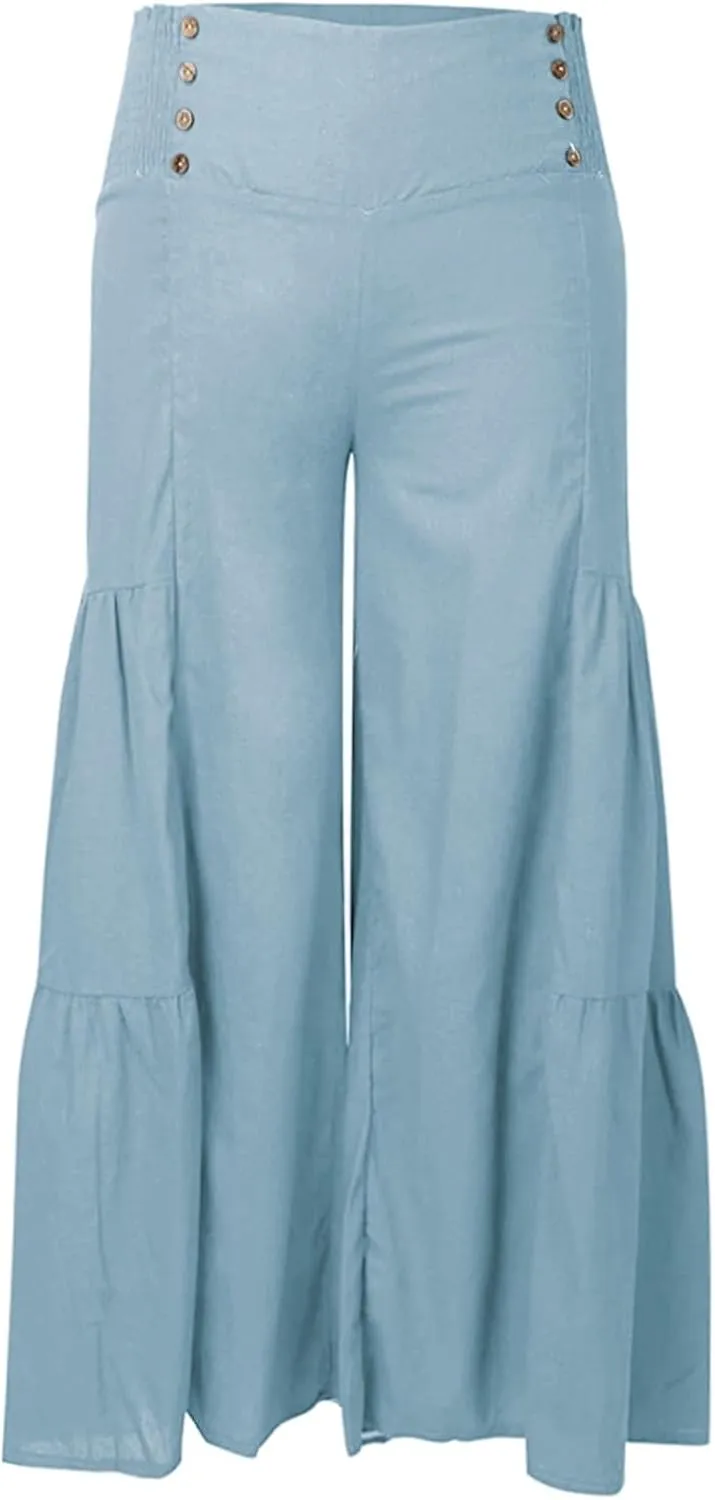 Linen Pants Women Summer Cotton Linen Wide Leg Long Pants with Pocket Solid Color Casual Women's Capris and Cropped